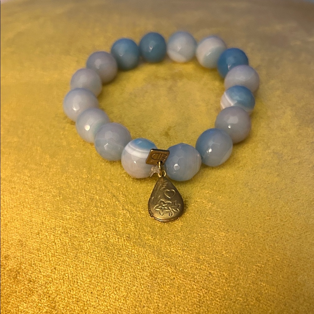 Blue Agate Beaded Bracelet with Gold Charm